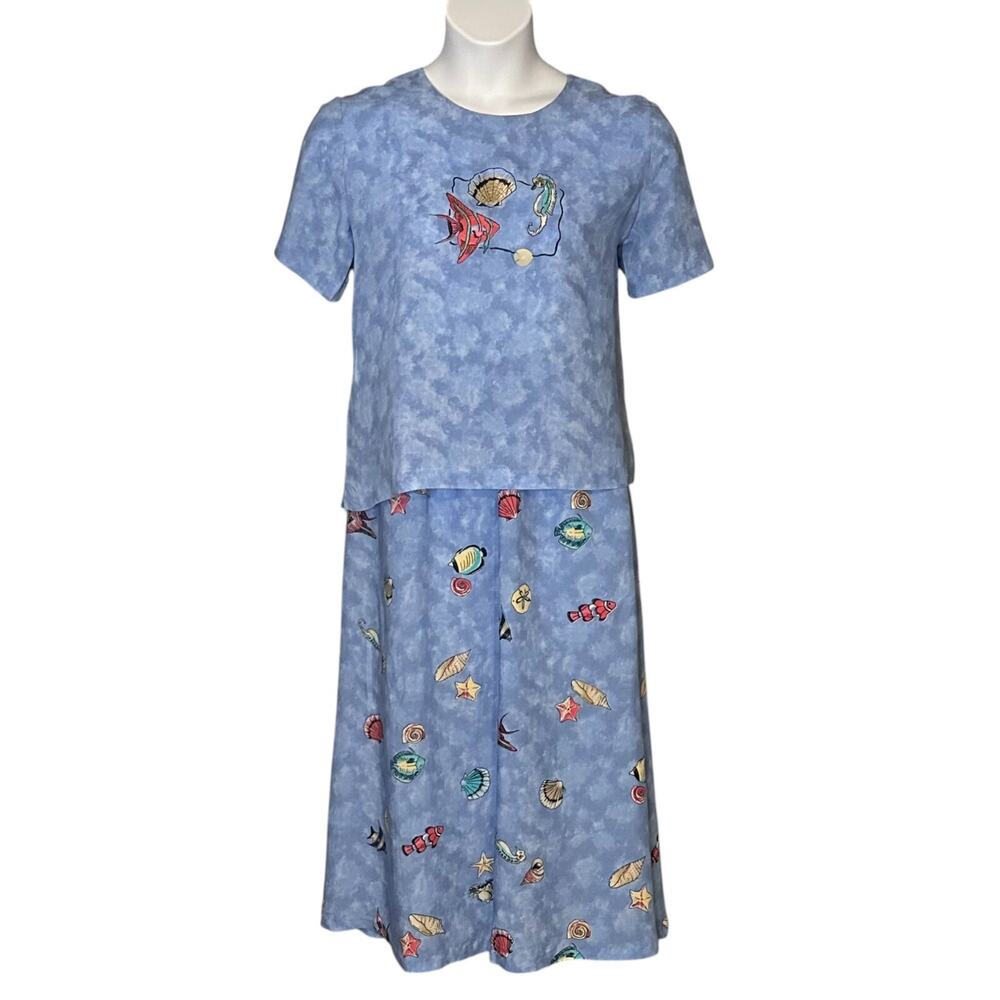 Vintage 80s Cottage Maxi Skirt & Short Sleeve Top 2pc Set Size M Boho Beach Fish